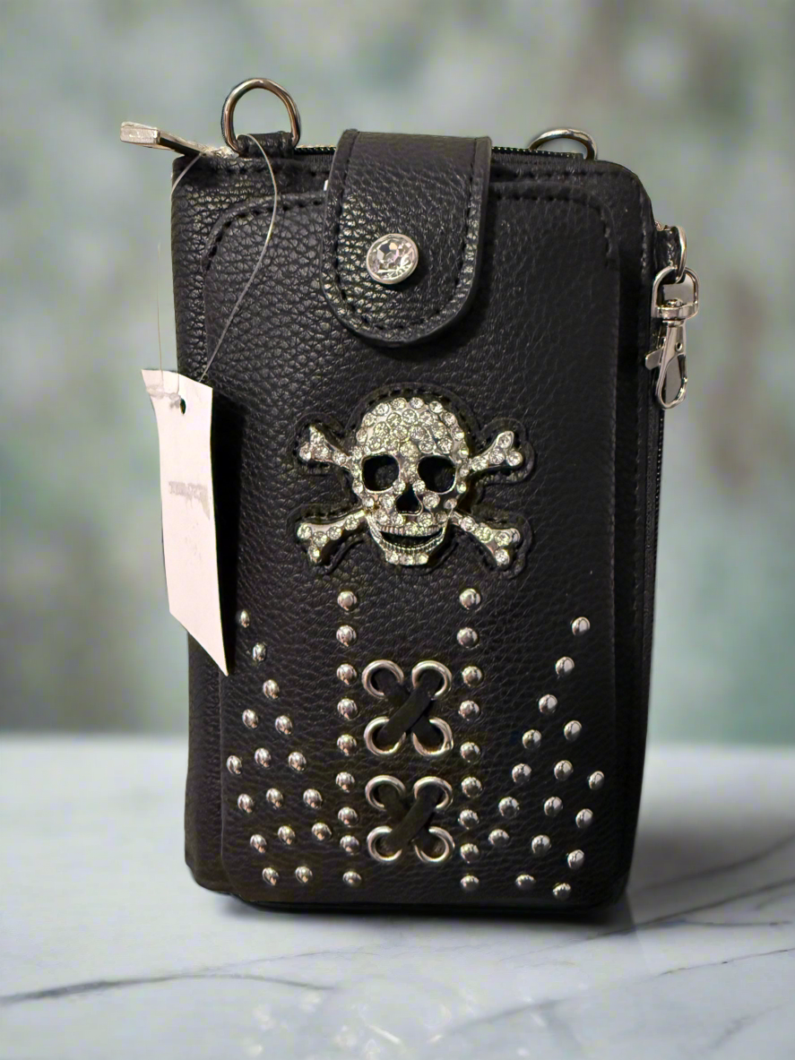Vegan Leather Studded Skull Crossbody Wallet