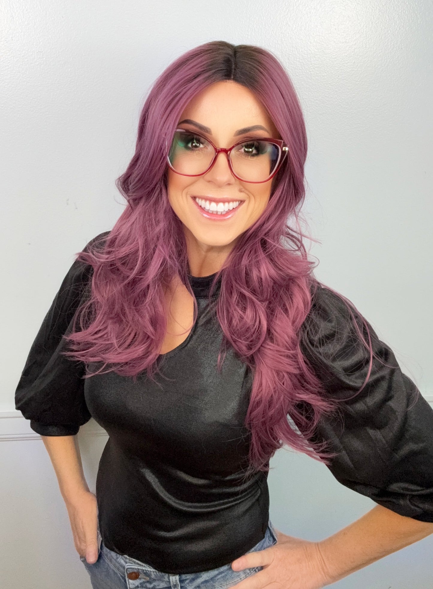 Violet Long Layered Wig | Center Lace Part Heat-Friendly Synthetic Wig