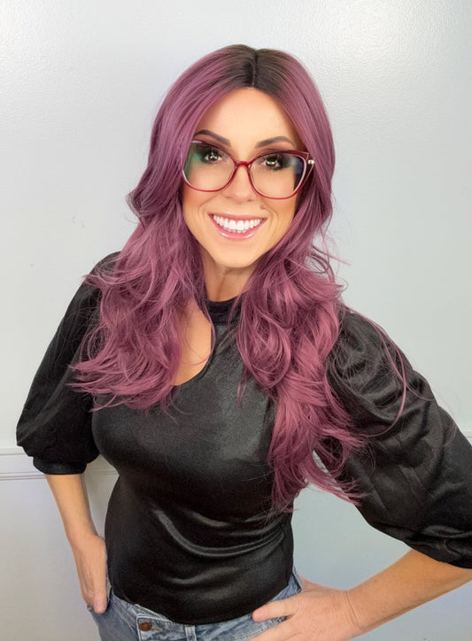 Violet Long Layered Wig | Center Lace Part Heat-Friendly Synthetic Wig