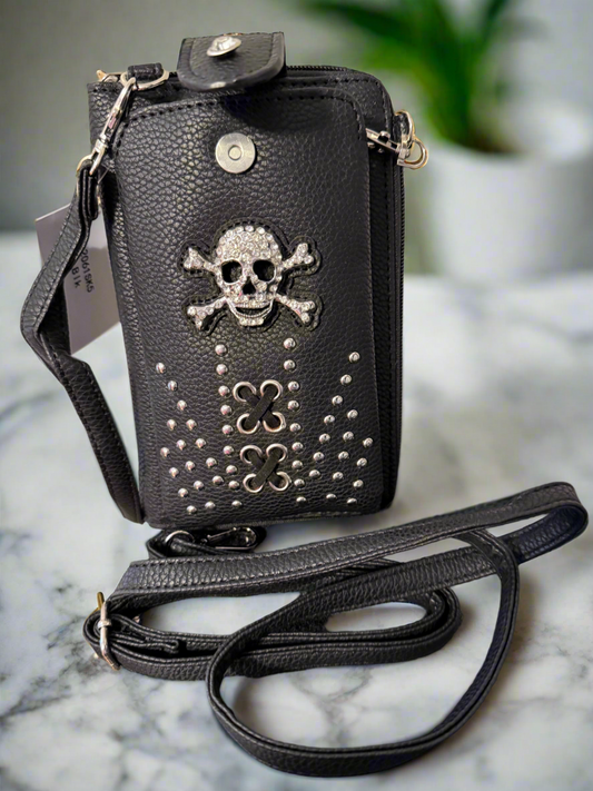Vegan Leather Studded Skull Crossbody Wallet